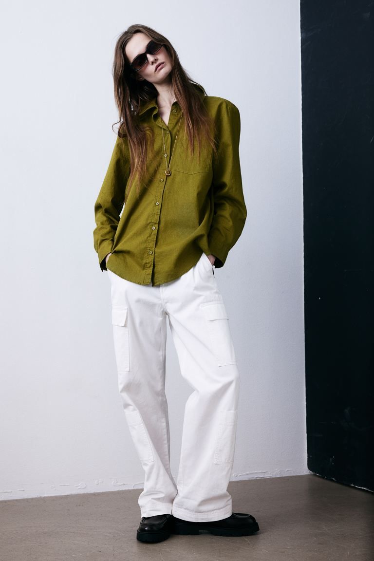 Linen-blend Shirt - Olive green - Ladies | H&M US | H&M (US + CA)