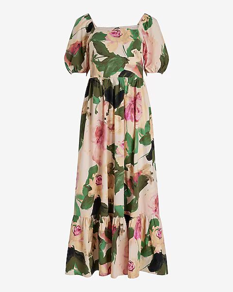 Floral Square Neck Puff Sleeve Tiered Poplin Maxi Dress | Express