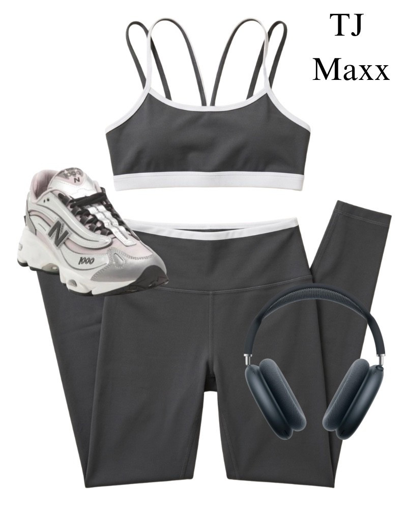Fitness outfit on sale at TJ Maxx, double sports bra, leggings, new balance, sneakers, gym.

#LTKootd #LTKSaleAlert