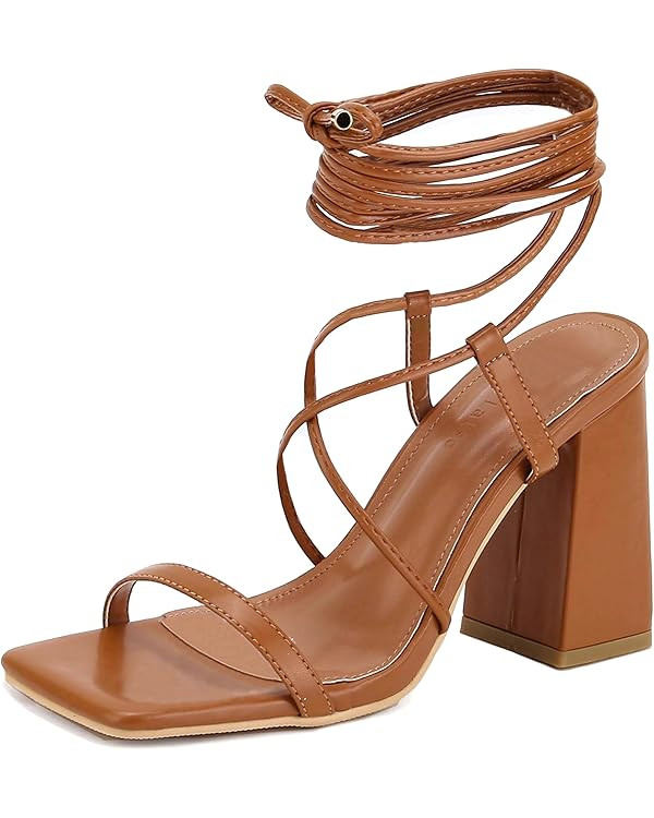 Womens Strappy Heels Lace Up Chunky Heel Sandals, Block Heel Wrap Sandals for Women Cute Sexy Dre... | Amazon (US)