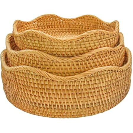 AMOLOLO Handmade Rattan Round Fruit Basket Food Storage Bowls Kitchen Organizer Snack Serving Bowl W | Amazon (US)