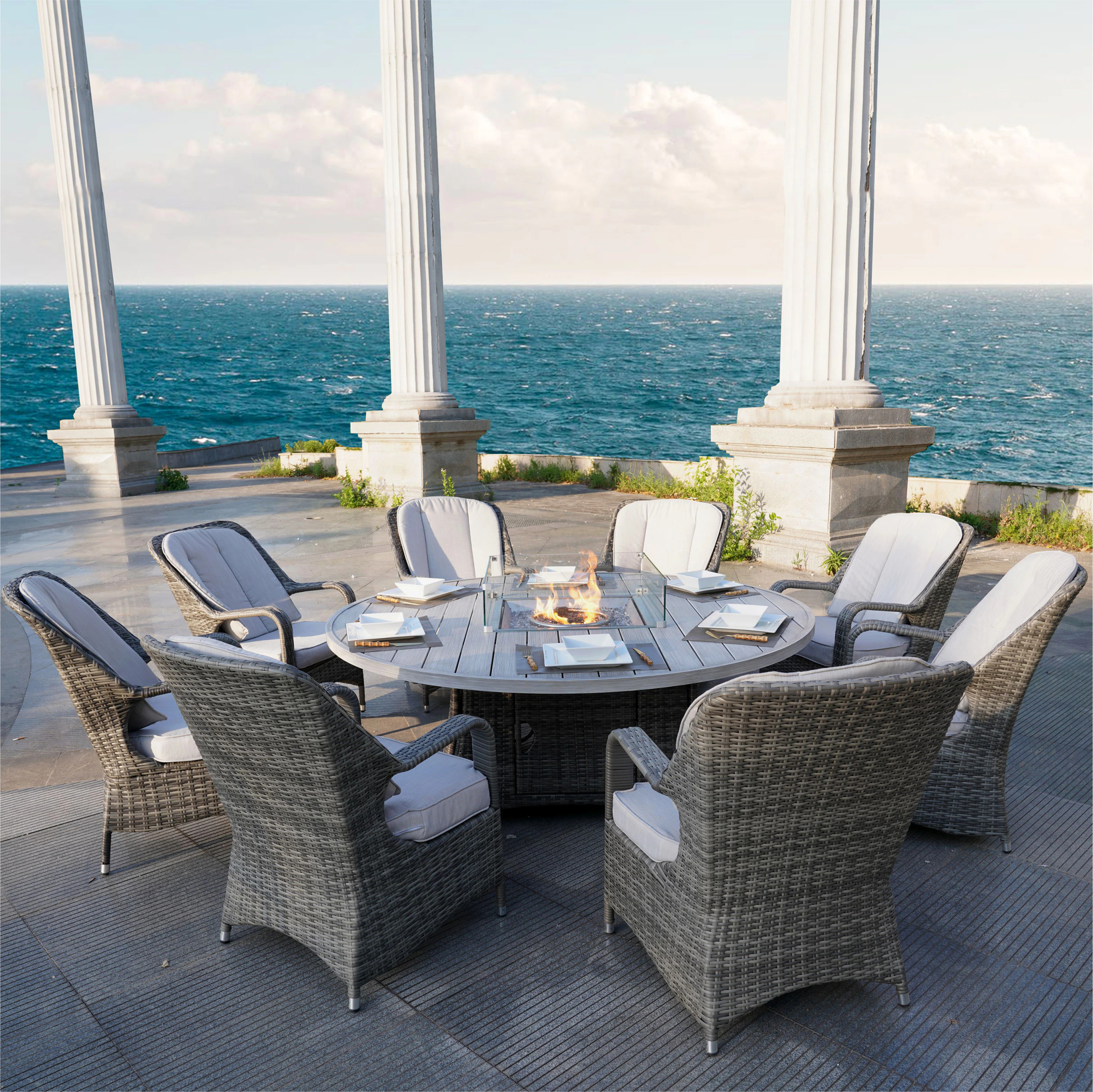Moda Furnishings Outdoor 9 -Piece Gray Wicker Patio Dining Set Wicker Round Table with 8 Gray Cushions Stationary Chairs Fire Pit Included one_size | Lowe's