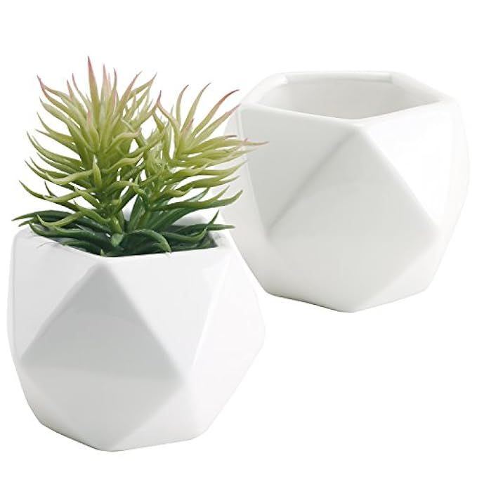 Set of 2 White Ceramic Geometric Design Mini Succulent Planter Pots, 5 Inches | Amazon (US)