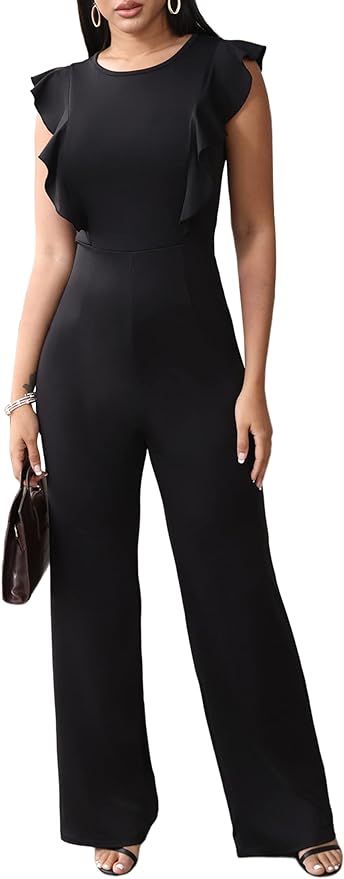 Womens Jumpsuits Romper Crew Neck Ruffle Sleeve High Waist Wide Leg One Piece Casual Outfits | Amazon (US)
