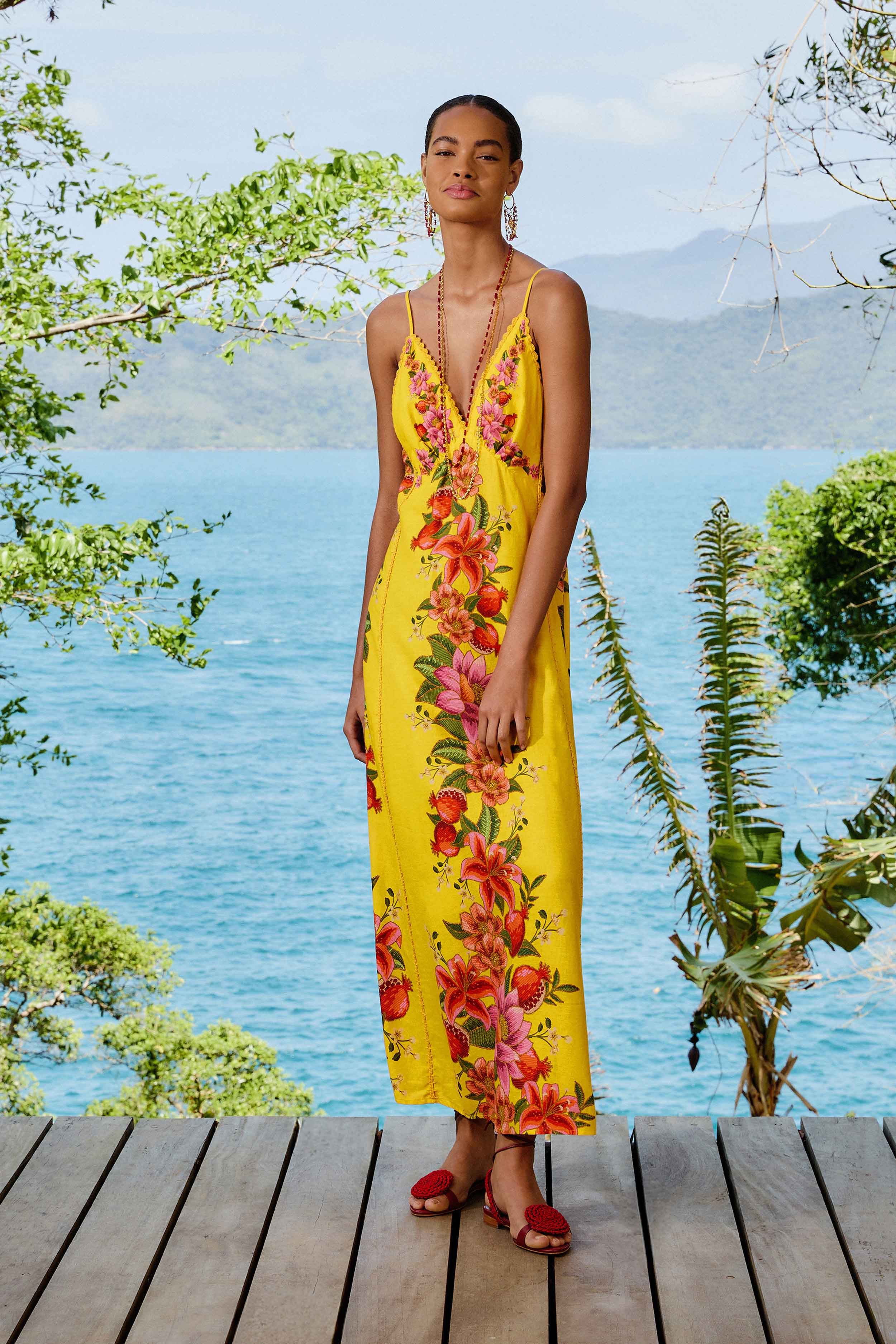 Yellow Summer Fruit Scarf LENZING™ ECOVERO™ Euroflax™ Maxi Dress | FarmRio (US)