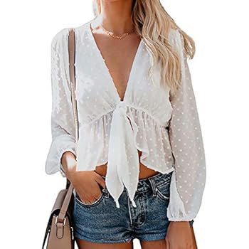 Women's Solid Open Front Tie Knot Crop Top Long Sleeve Deep V Neck Ruffle Chiffon Short Blouse Sh... | Amazon (US)