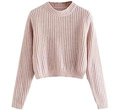SweatyRocks Women's Drop Shoulder Round Neck Long Sleeve Basic Crop Top Sweater Pink L at Amazon Wom | Amazon (US)