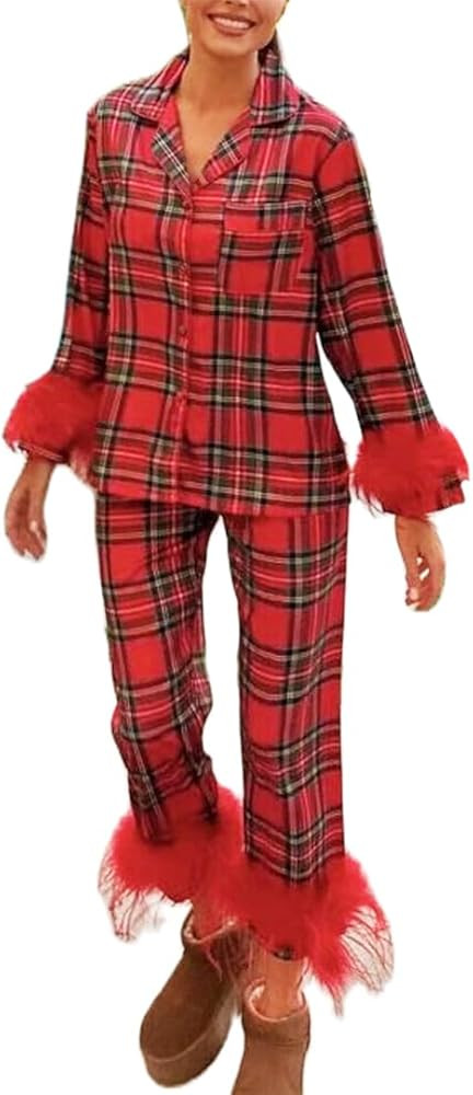 Women's Satin Silk Pajamas Sexy Feather Trim Long Sleeve Button Up Pjs Shirt Sleep Pajama Pants 2... | Amazon (US)