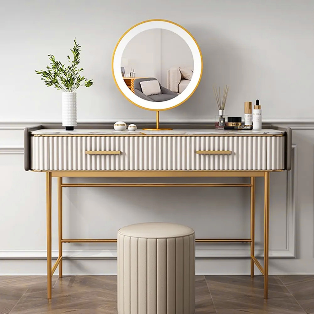 48"" Modern Off White Makeup Vanity Stone Top 2-Drawer Dressing Table | Homary