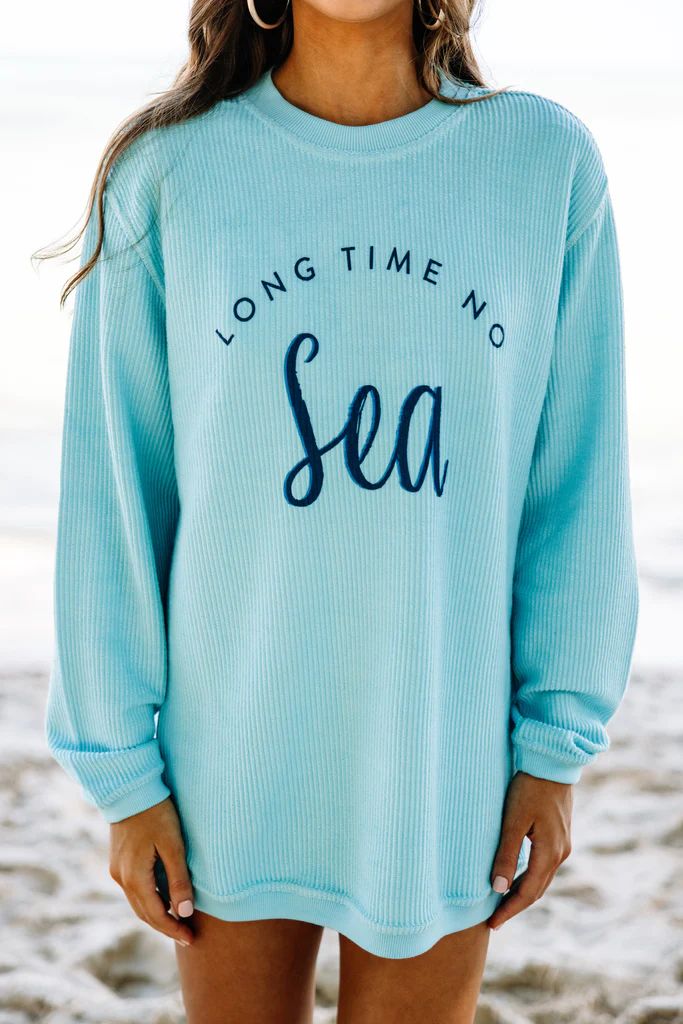 Long Time No Sea Aqua Blue Graphic Corded Sweatshirt | The Mint Julep Boutique