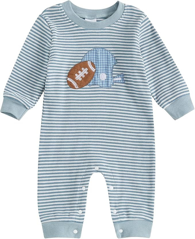 Karuedoo Newborn Baby Boy Girl Football Outfit Rugby Embroidery Stripe Romper Waffle Knit Long Sl... | Amazon (US)