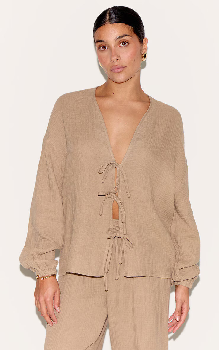 Petite Mushroom Cheesecloth Textured Tie Front Shirt | PrettyLittleThing UK