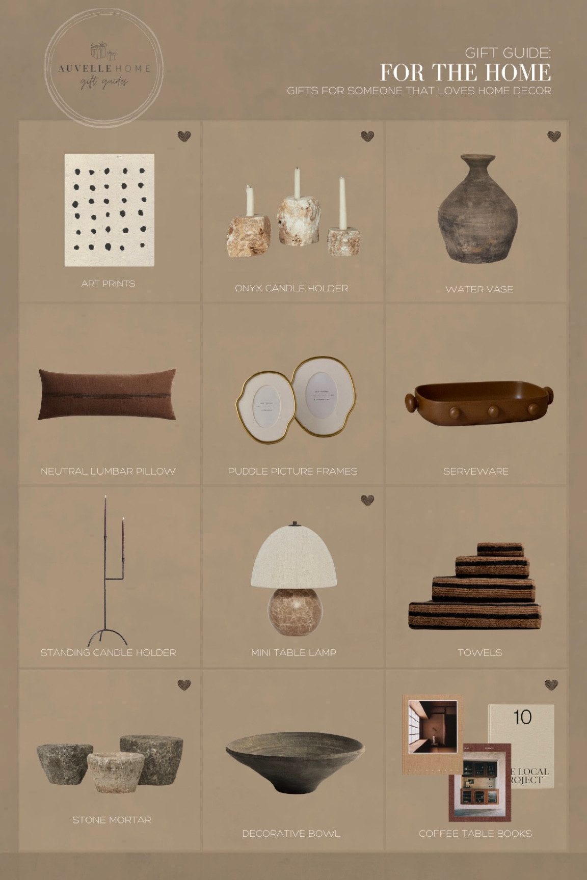 gift guide for the home decor lover

—-

art print, onyx candle holder, water vase, vintage vase, pillow, picture frame, bakeware, serve ware, standing candle holder, lamp, striped towels, decorative bowl, coffee table book, vintage decor 