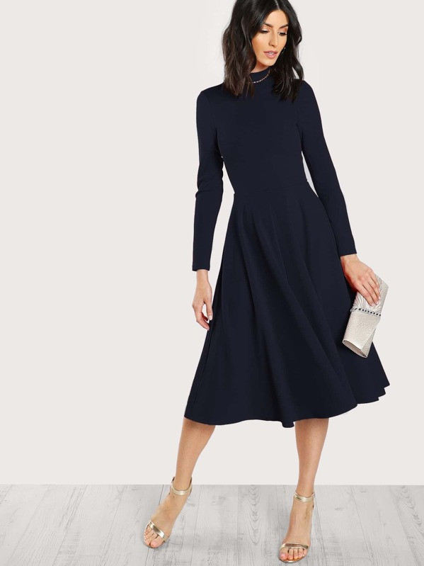 Mock Neck Fit & Flare Dress | SHEIN