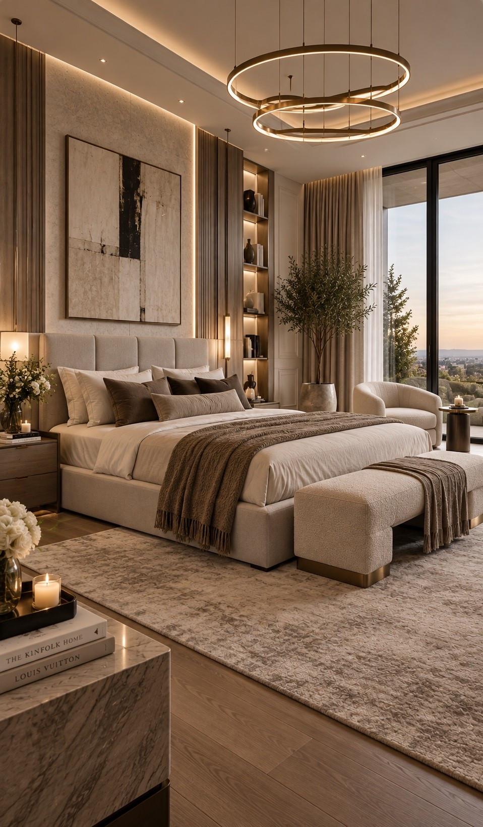 Shop This Room — link below. Recreate this warm modern bedroom with a soft upholstered platform bed, layered taupe and cream bedding, a sculptural bouclé bench and elegant statement lighting. Warm wood details, floor-to-ceiling windows, soft ambient lighting and layered neutral textures create a serene hotel-inspired bedroom with an elevated quiet-luxury feel.

#BedroomInspo #LuxuryBedroom #ModernBedroom #BedroomDecor #NeutralBedroom #WarmModern #QuietLuxury #LuxuryInteriors #OrganicModern #HotelInspiredBedroom #InteriorDesign #HomeDecor #LuxuryHome #BedroomIdeas #ModernHome #NeutralHome #DesignerBedroom #WarmMinimalism #InteriorInspo #HomeInspiration #LTKHome #LTKFinds #HomeFinds #BedroomFinds #LuxuryDecor