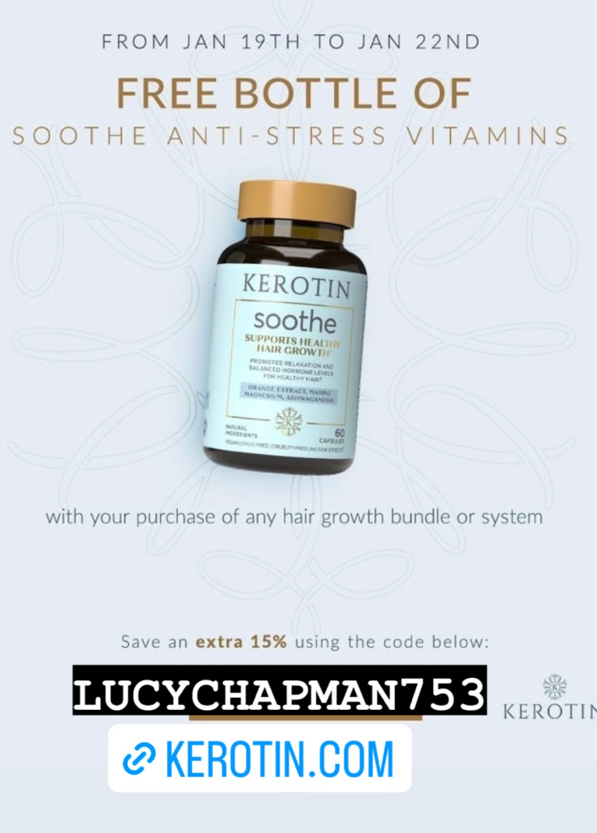 FREE bottle of Anti-Stress vitamins will appear in your cart when purchasing one the amazing 3 month bundles from kerotin !

Discount -LUCYCHAPMAN753 for 15% off 🤩

These products keep my hair is the most amazing condition!! I used to suffer from dry frizzy hair with a dry scalp and my hair is SILKY SMOOTH!!! 

#hairproducts #haircare #hairgrowth #freegift

#LTKunder100 #LTKsalealert #LTKbeauty