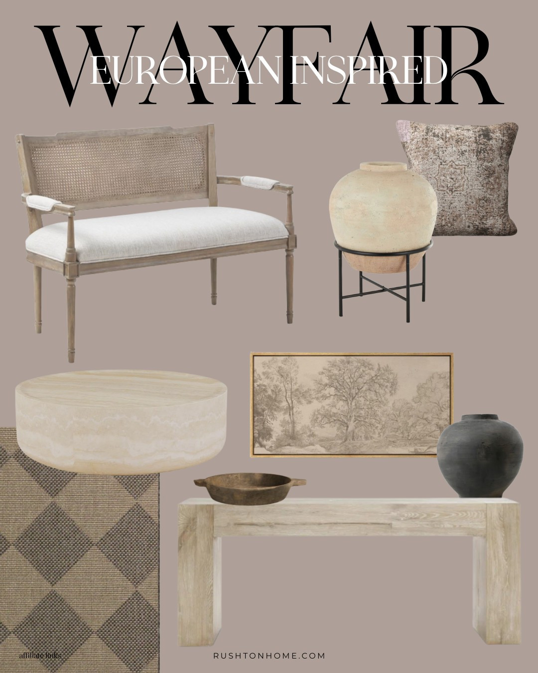 European inspired bench (how gorgeous right?!) along with these other european-vibe pieces that can pull together your entryway or living room.

I've been loving these @wayfair home finds! This inspiration pulls together a vibe that feels antique, european, earthy and yet still modern.

Home decor, home design, interior design, furniture, console table, accent chair, vases, olive jug, water jug, planter and stand, pillow, throw pillow, sketch art, framed european art, french inspired diamond trellis rug, stone coffee table, wood console
 

 

#LTKWatchNow #LTKHome #LTKSaleAlert