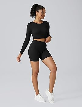 Buttergene Women Workout Sets 2 Pieces Long Sleeve Yoga Outfits Gym Clothes Seamless Ribbed Crop ... | Amazon (US)