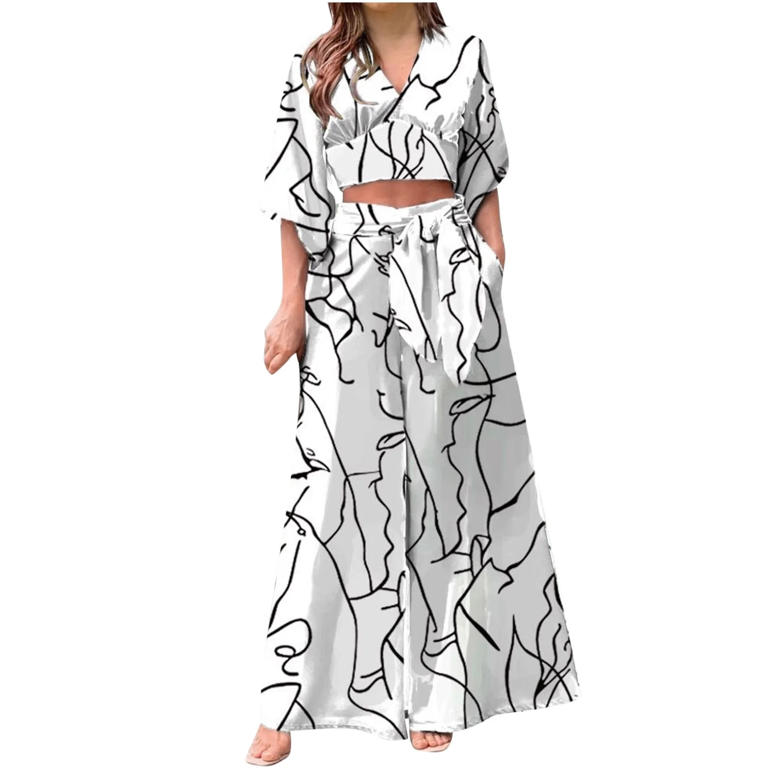 Womens Casual Bohemian Beach Outfits V-Neck Long Sleeve Crop Tops Sets Tie Waist Wide Leg Pnats w... | Walmart (US)