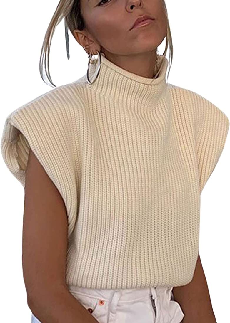 Hooever Women's Turtleneck Sleeveless Knitted Tank Tops Shoulder Pads Sweater Vest | Amazon (US)