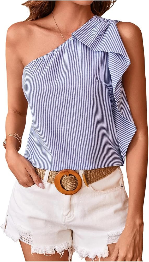OYOANGLE Women's Striped Ruffle Trim One Shoulder Tank Top Sleeveless Tunic Blouse | Amazon (US)
