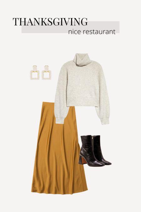 Thanksgiving Outfit Idea // Nice Restaurant 🤍 I love satin skirts paired with chunky turtleneck sweaters. I would wear a cropped tank under and tuck the bottom of the sweater into it for the perfect length. I also love the look of taller booties with midi skirts and I love the texture of this specific ones!  

#LTKstyletip #LTKfit #LTKSeasonal