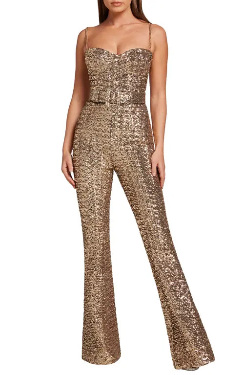 NADINE MERABI Lucinda Sequin Sleeveless Jumpsuit in Gold at Nordstrom, Size 2 | Nordstrom