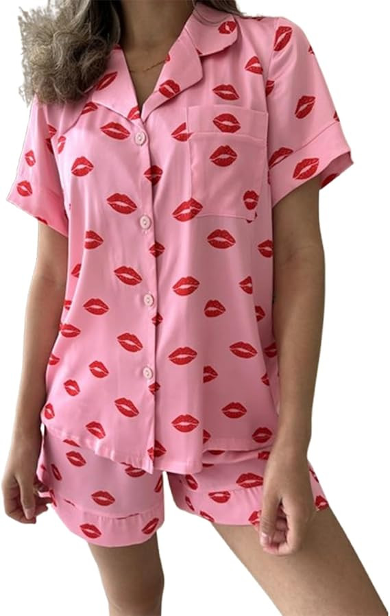 Tempura Women Valentine's Day Pjs Set Short Sleeves Shirt Top Shorts 2 Piece Loungewear Sleepwear | Amazon (US)