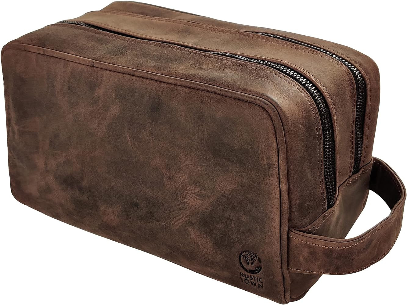 RUSTIC TOWN Full Grain Leather Travel Toiletry Bag - Dopp Kit Organizer (Dark Brown) | Amazon (US)