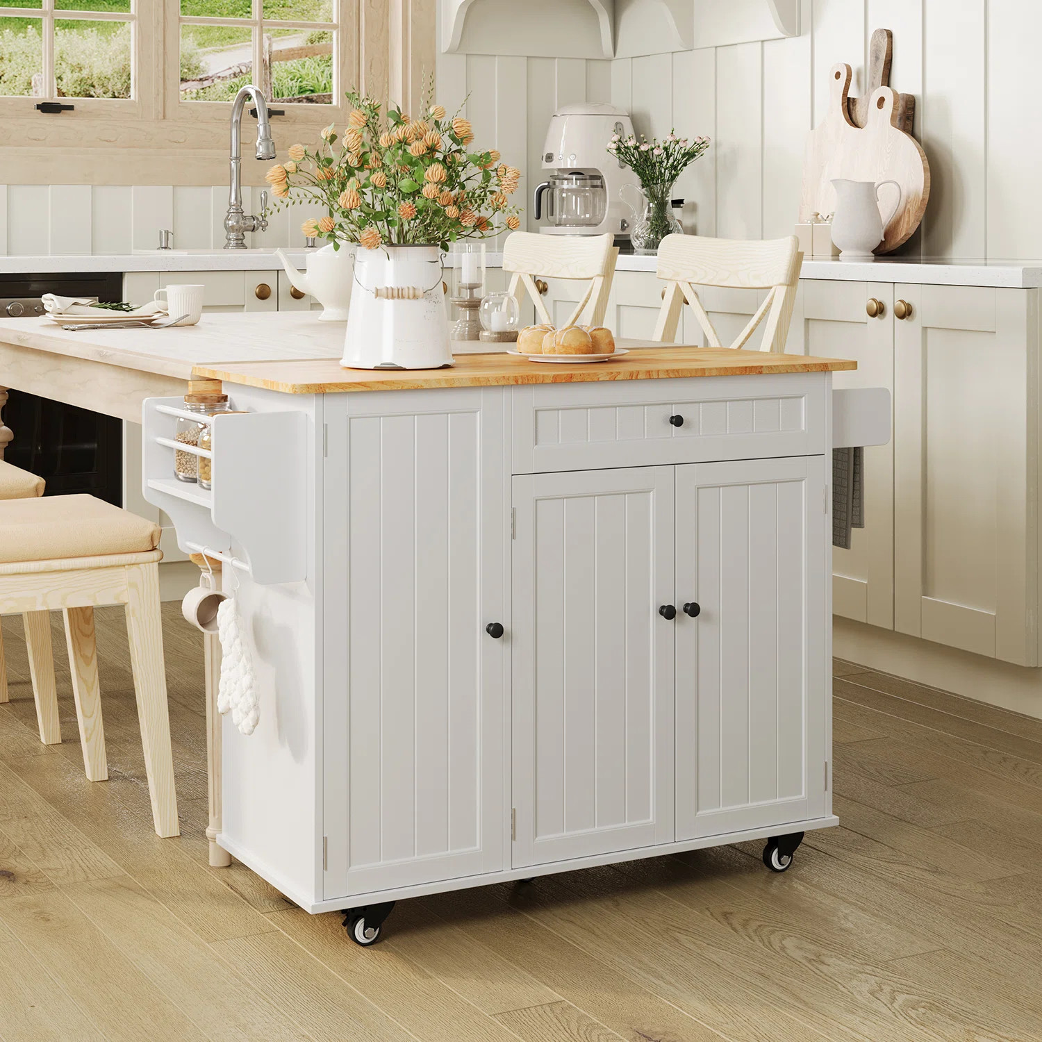 Solid Wood Kitchen Island with Drop Leaf, Lockable Wheels, Large Drawers, Cabinets, Faux Refriger... | Wayfair North America
