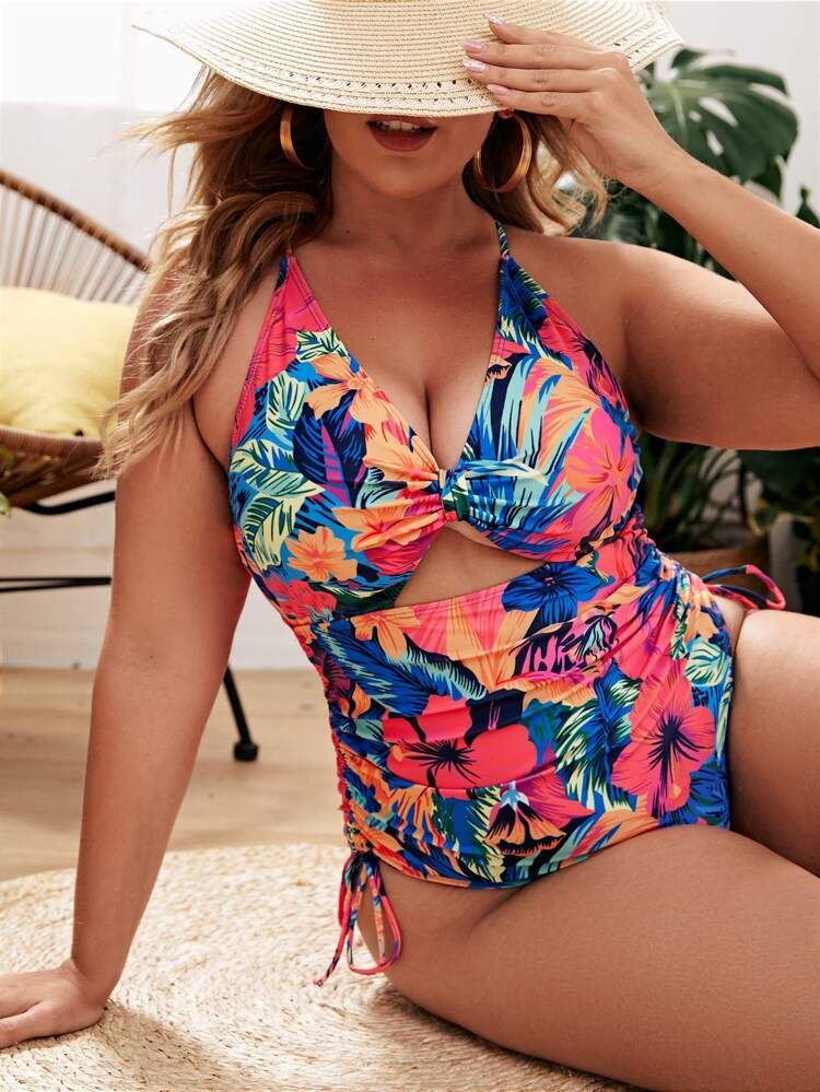 Plus Floral Print Cut Out One Piece Swimsuit | SHEIN