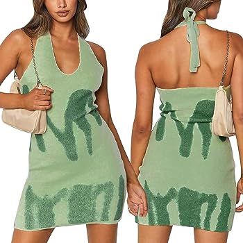 shaopan66 Y2K Halter Dress Knitted Sleeveless Bodycon Mini Dress Party Beach Sundresses for Women | Amazon (US)