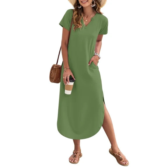 OutfitShow Women Maxi Dress with Pockets Casual Short Sleeve V-Neck Summer Dress | Walmart (US)
