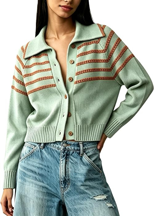 HangNiFang Women's Striped Cardigan Sweaters Button Down Cropped Knit Tops | Amazon (US)