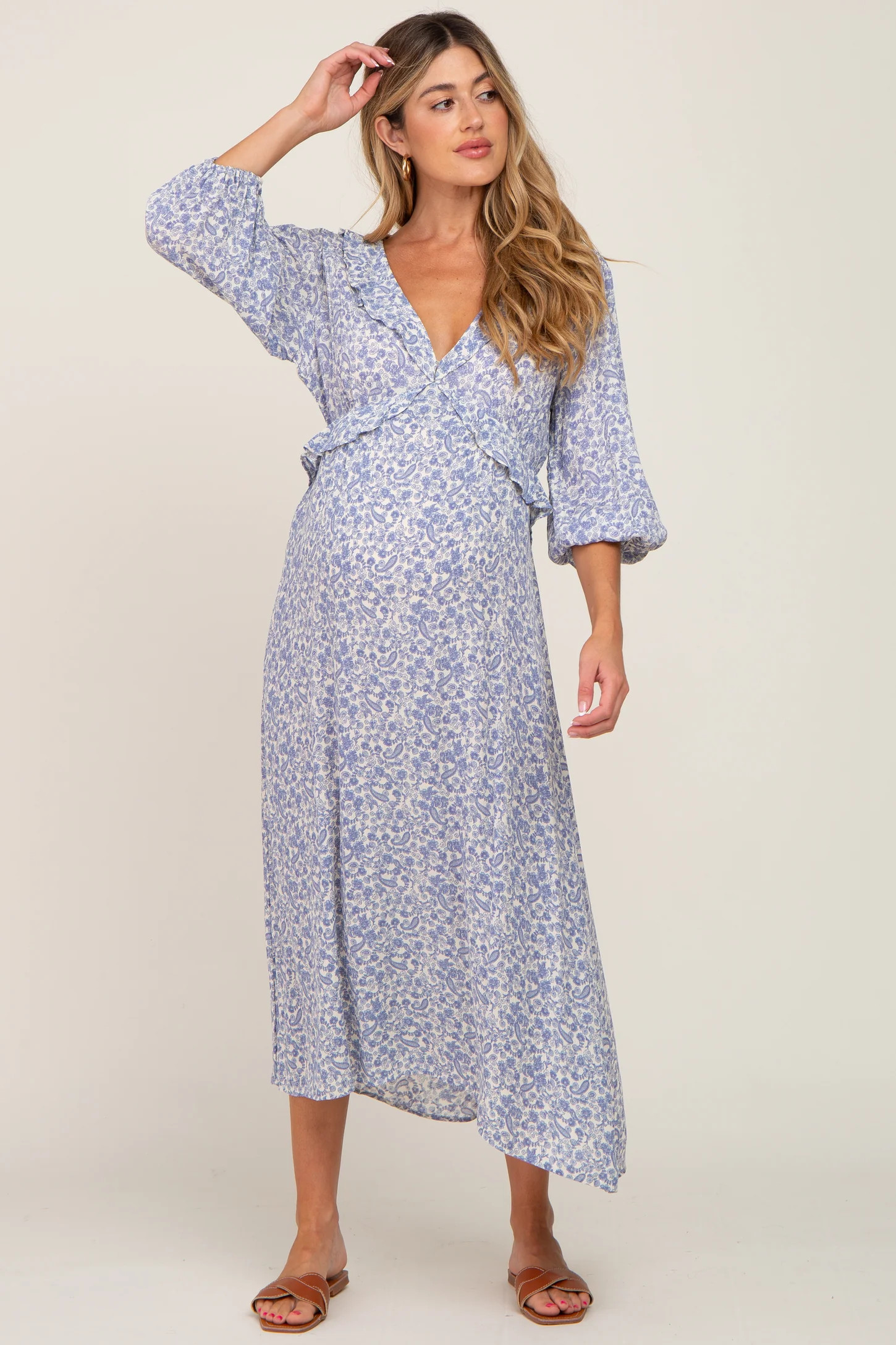Blue Floral Ruffle V-Neck Maternity Midi Dress | PinkBlush Maternity