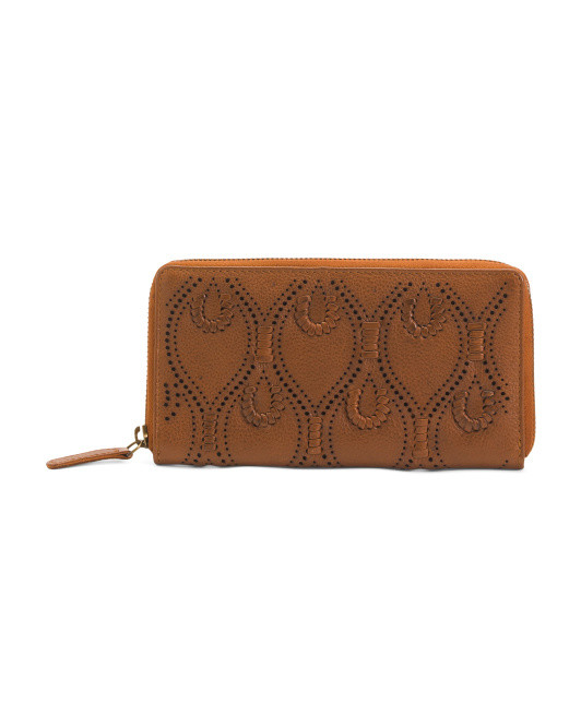 Leather Large Zip Round Peacock Stitch Wallet | TJ Maxx