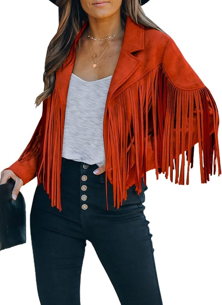 FARYSAYS Womens Cropped Fringe Faux Suede Leather Motorcycle Jackets | Amazon (US)