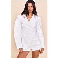 White Premium Linen Tailored Cocoon Sleeve Cinched Blazer | PrettyLittleThing US