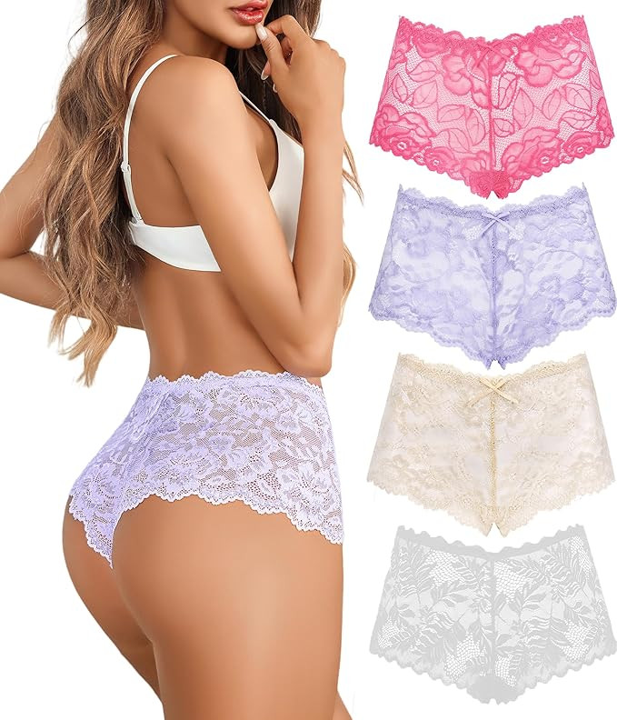 Avidlove Sexy Women's Underwear Floral Lace Boyshort Panties High Waist Cheeky Panty Pack of 4 | Amazon (US)
