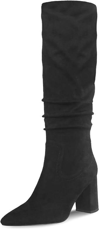 Ouepiano Women's Mid-Calf Boots Western Rhinestones Boots Pointed Toe Chunky Block Heel 8cm Knee ... | Amazon (US)
