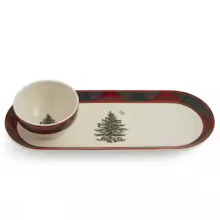 Spode 13 in. Christmas Tree Tartan Red Porcelain Rectangular Chip and Dip Server (2-Piece) 178000... | The Home Depot