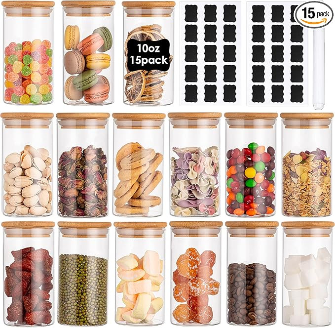 Claplante 10oz Glass Storage Jars with Bamboo Airtight Lids, Set of 15 Small Glass Canisters, Gla... | Amazon (US)