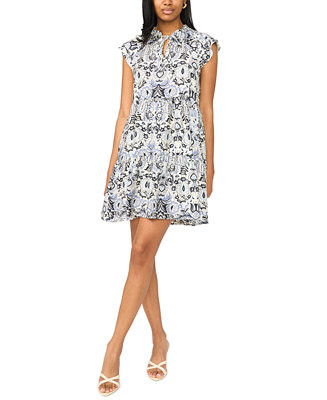Petite Flutter-Sleeve Tie-Neck Printed Dress | Macy's