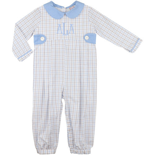 Blue and Khaki Windowpane Long Romper | Cecil and Lou
