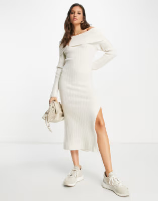 ASOS DESIGN knitted off shoulder maxi dress in cream | ASOS (Global)