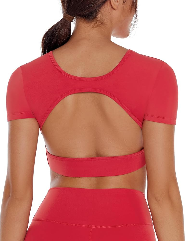 ENERBLOOM Women's Open Back Tee Workout Crop Top Yoga Built in Bra Light Compression Cream Feelin... | Amazon (US)