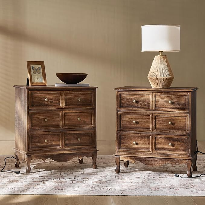 HULALA HOME 3-Drawer Nightstand with Charging Station, Drawer Organizer with Wood Legs, Farmhouse... | Amazon (US)