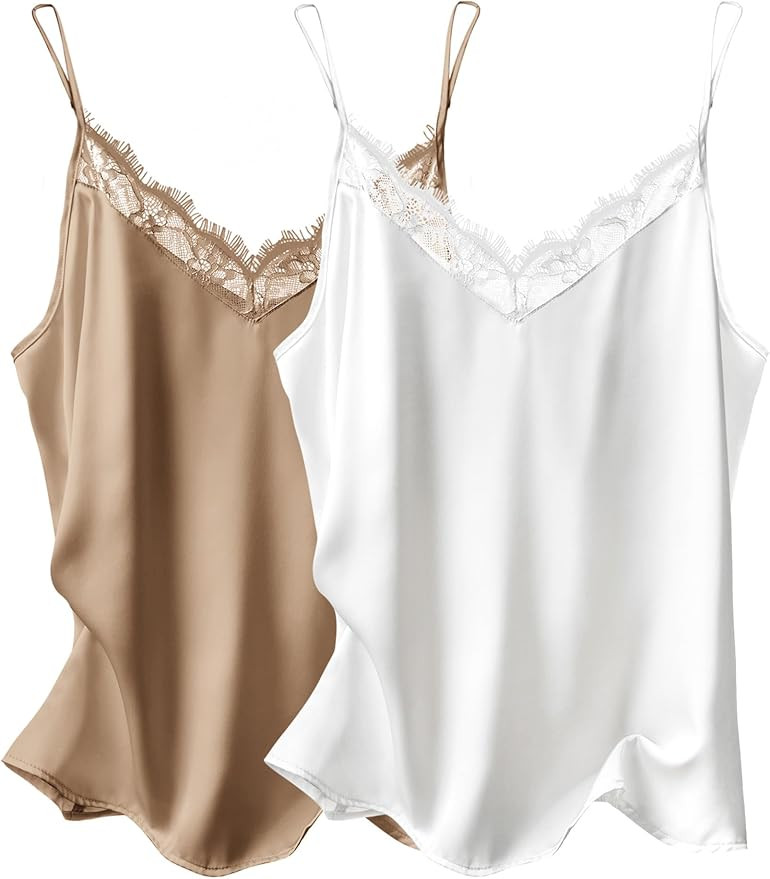 Ekouaer Women's 2 PCS Silk Satin Tank Top Lace Cami Spaghetti Strap Top V Neck Camisoles | Amazon (US)