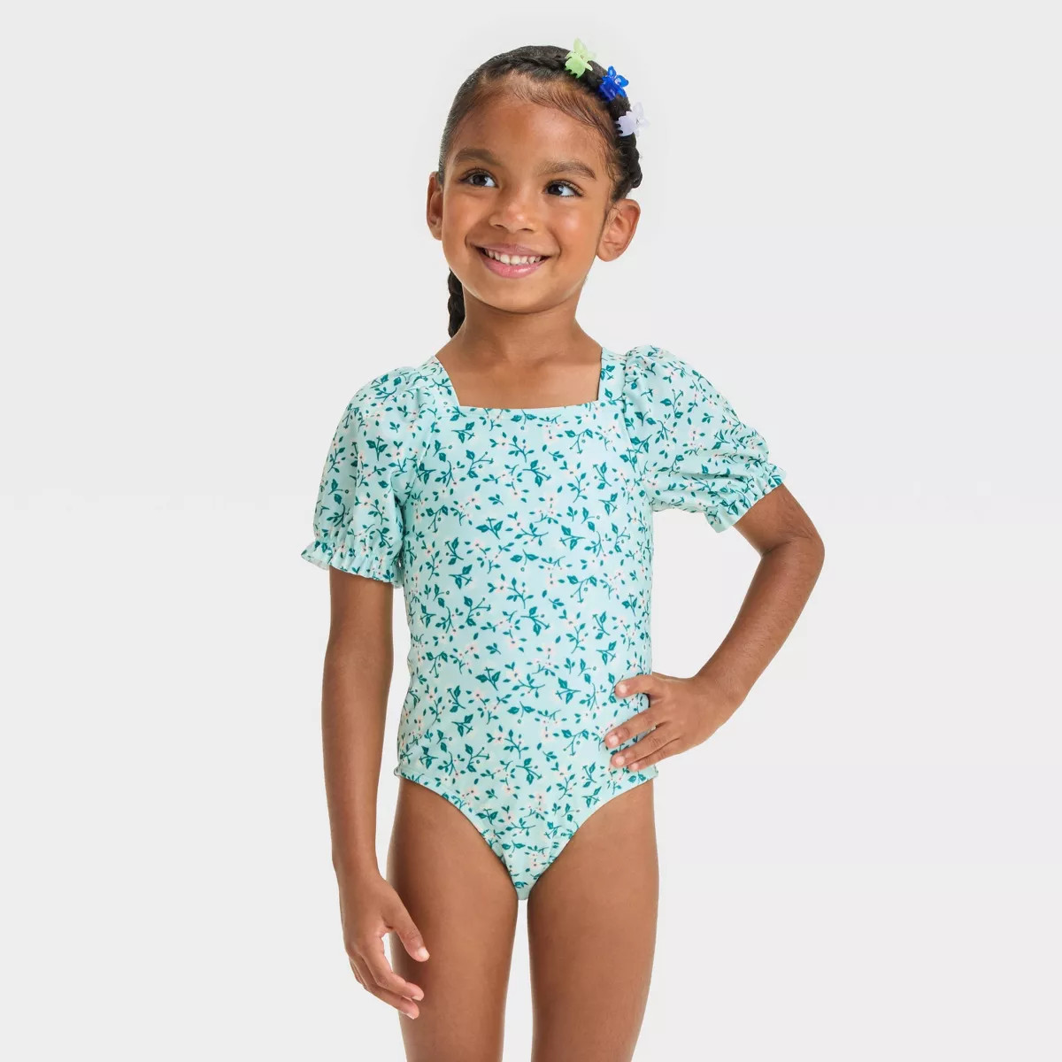 Toddler Girls' Puff Sleeve Ditsy Floral Printed One Piece Swimsuit - Cat & Jack™ Mint Green 3T | Target