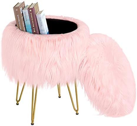Greenstell Vanity Stool Chair 4 Metal Legs with Anti-Slip Pad, Round Faux Fur Storage Ottoman, So... | Amazon (US)
